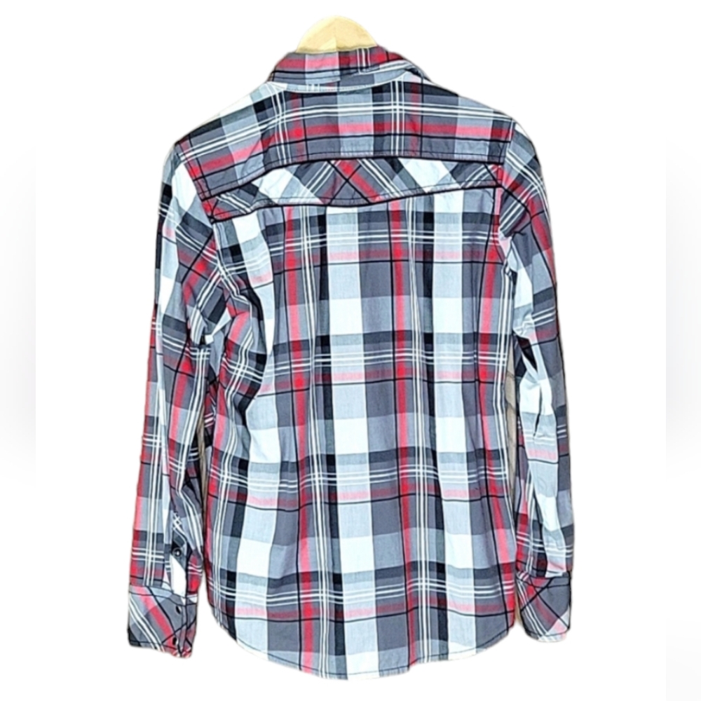 Buckle BKE Men's "Slim Fit" Plaid Button Down Long Sleeve Red Gray Blk, X-Small - Picture 3 of 3